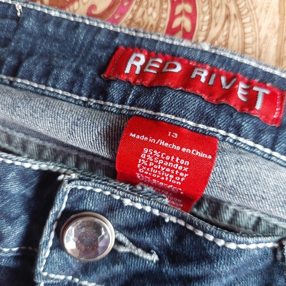 Y2k Red Rivet Rhinestone Straight Leg Jeans - Picture 4 of 4